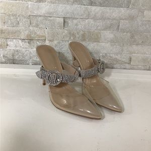 Shoedazzle clear mules with rhinestone strap size 8.5, tan color